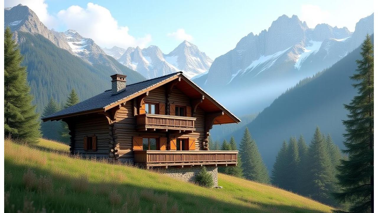 Chalet en bois artisanal au cœur des Alpes, paysages montagneux en arrière-plan